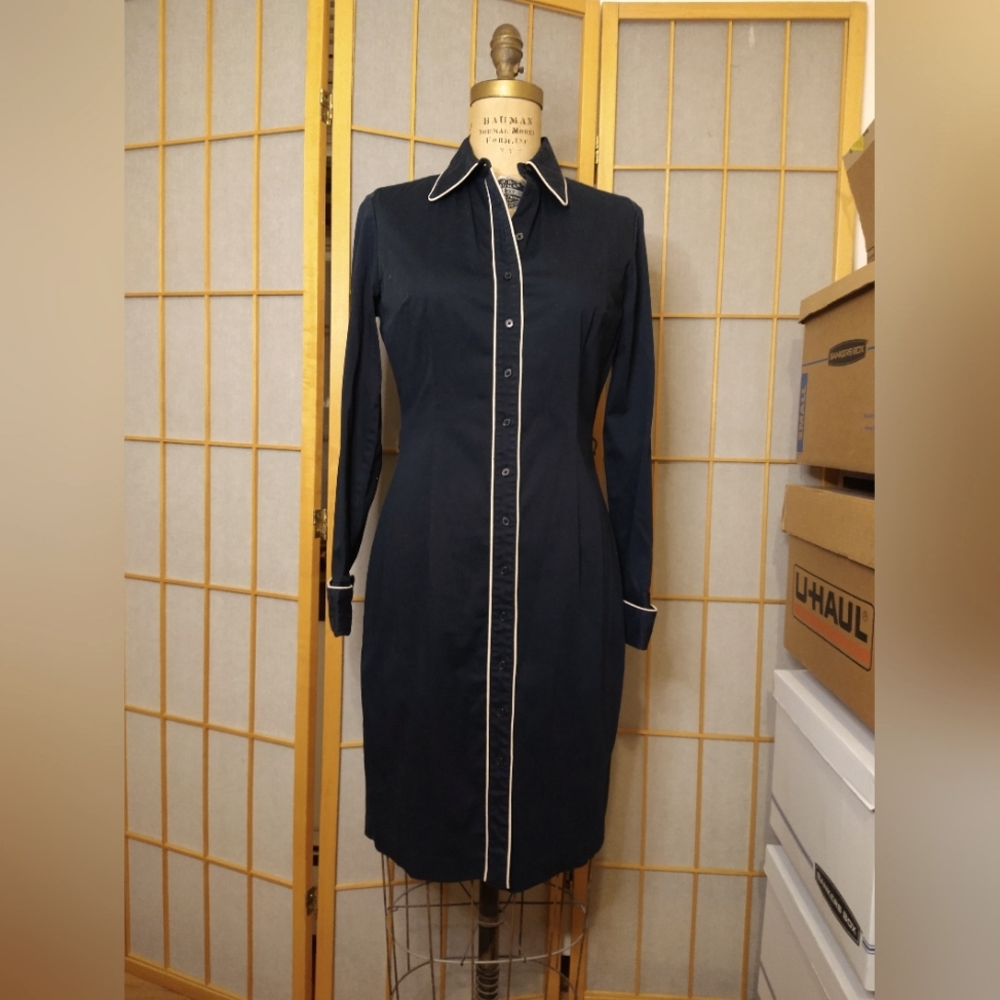 Vintage Express Button Front Collared Dress with Cream Piping and French Cuffs